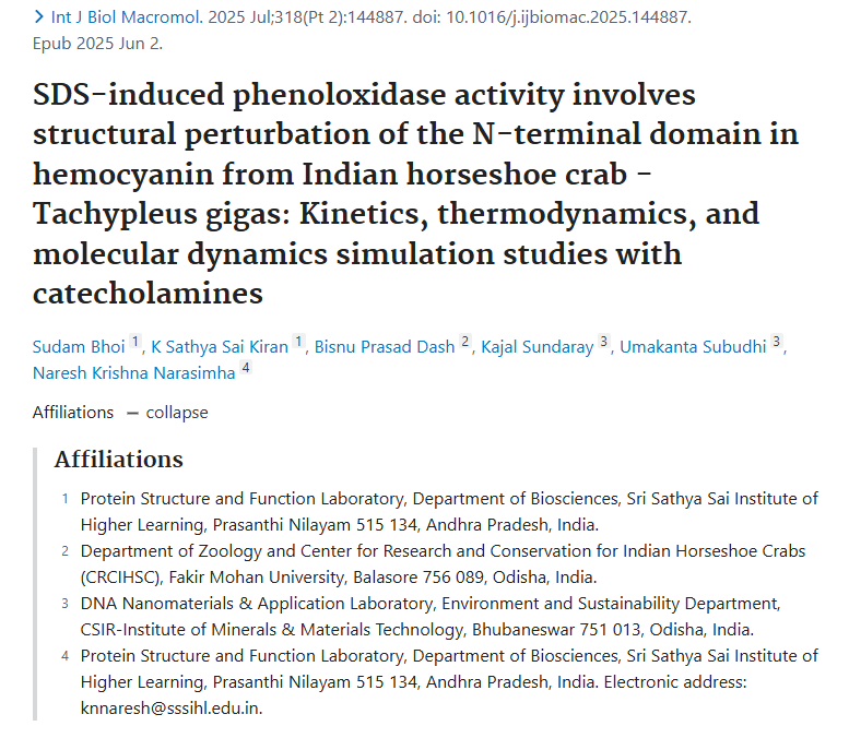 Publication in International Journal of Biological Macromolecules listing Dr. Naresh Krishna Narasimha and SSSIHL Biosciences affiliation